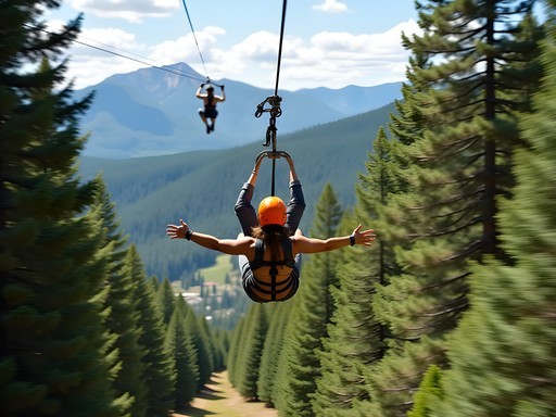 Couple zip lining through forest canopy near Idaho Springs, Colorado