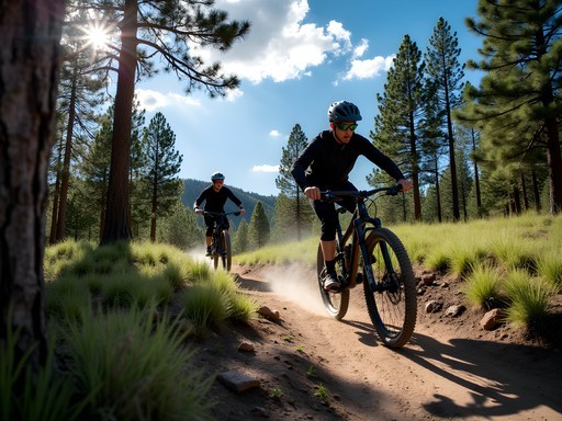 Couple mountain biking on singletrack trails through pine forests at Buffalo Creek near Denver