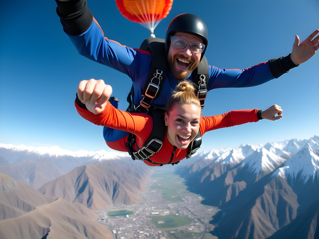 Tandem skydivers in freefall with Rocky Mountains and Denver in background