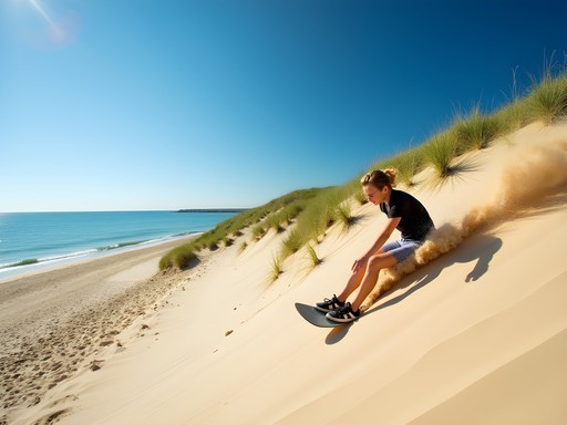 Family sandboarding down the massive dunes at Whitefish Dunes State Park in Door County