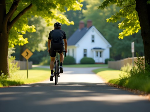 Cyclist on tree-lined country road following the Underground Railroad Bicycle Route near Dover