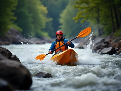 Kayaker navigating whitewater rapids on Lester River in Duluth
