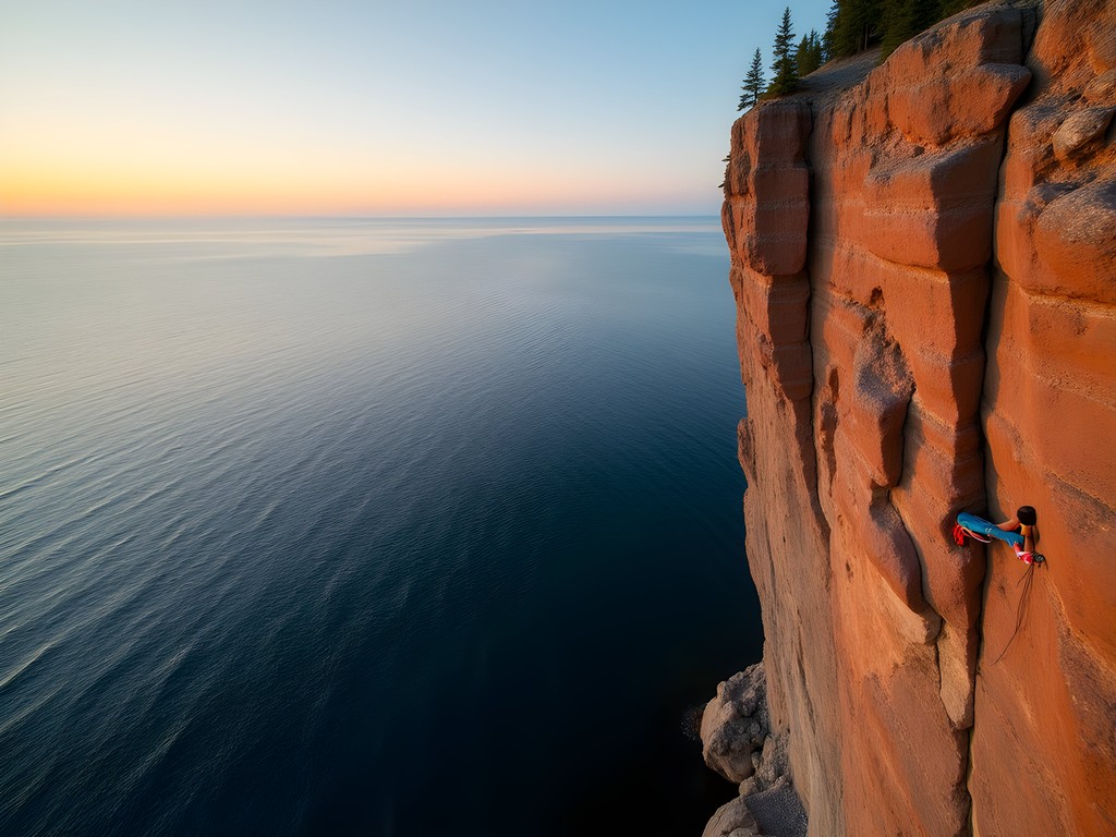 Rock climber on Palisade Head cliff face above Lake Superior