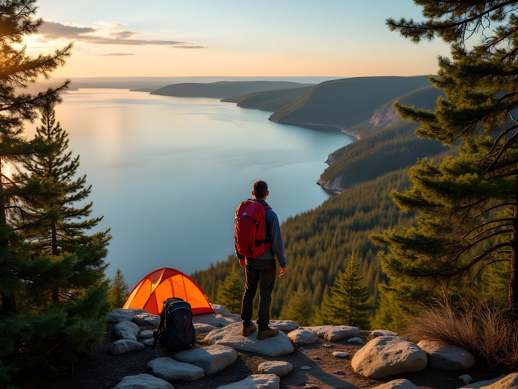 Backpacker overlooking Lake Superior from Superior Hiking Trail clifftop campsite