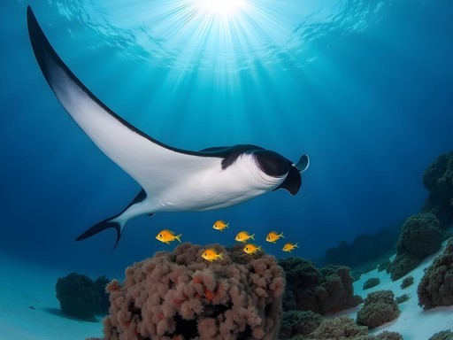 Oceanic manta ray at underwater cleaning station with cleaner wrasses near Ebeye, Marshall Islands