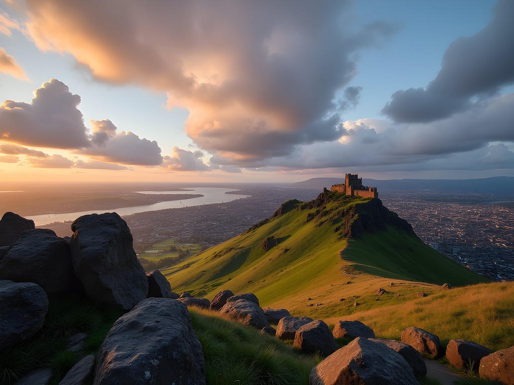 Panoramic view from Arthur's Seat summit overlooking Edinburgh city and Firth of Forth