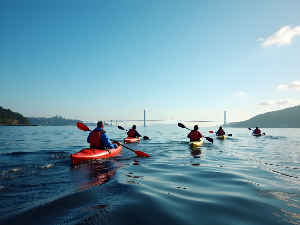 Sea kayakers paddling on calm waters of Firth of Forth with Edinburgh skyline
