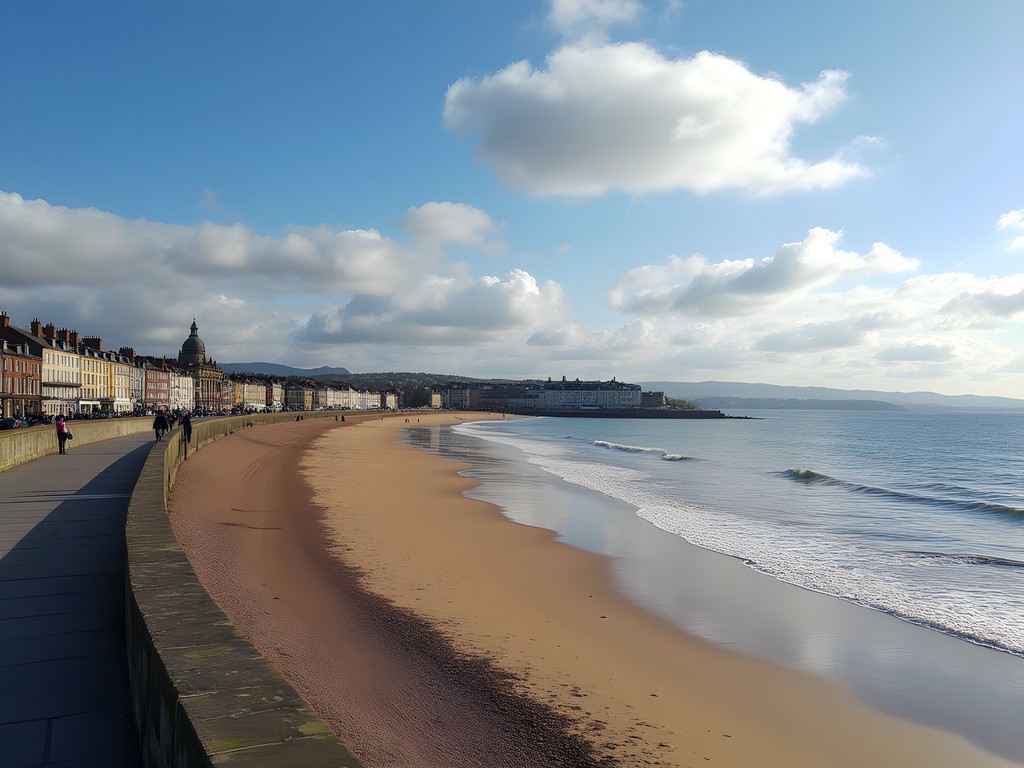 Portobello Beach promenade with walkers and Firth of Forth coastline in Edinburgh