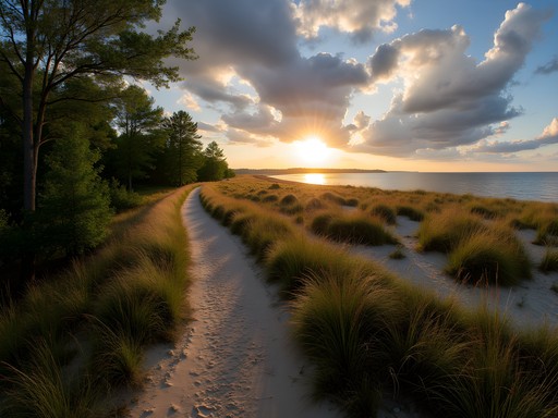 Scenic view of Gull Point Trail with Lake Erie visible through trees