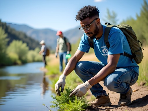 Man participating in river cleanup conservation project in Evanston, Wyoming
