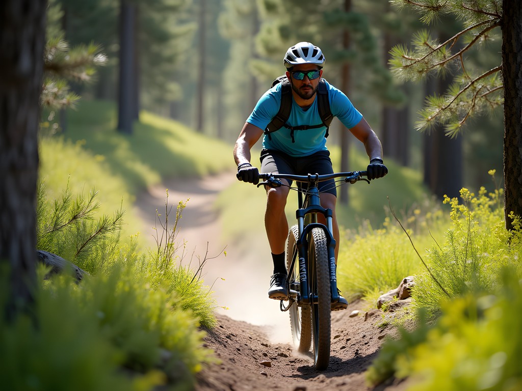 Man mountain biking on singletrack trail through pine forest in Uinta Mountains