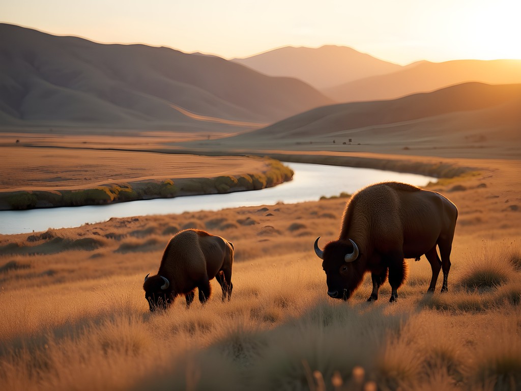 Bison grazing near Bear River with mountain backdrop in Evanston, Wyoming