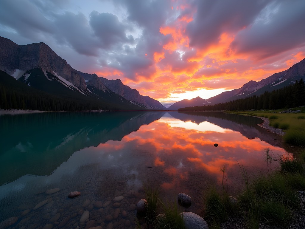 Sunset over alpine lake with mountain reflections along Mirror Lake Scenic Byway