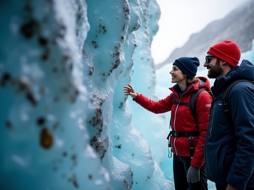 Guide explaining glacial features to couple on Franz Josef Glacier