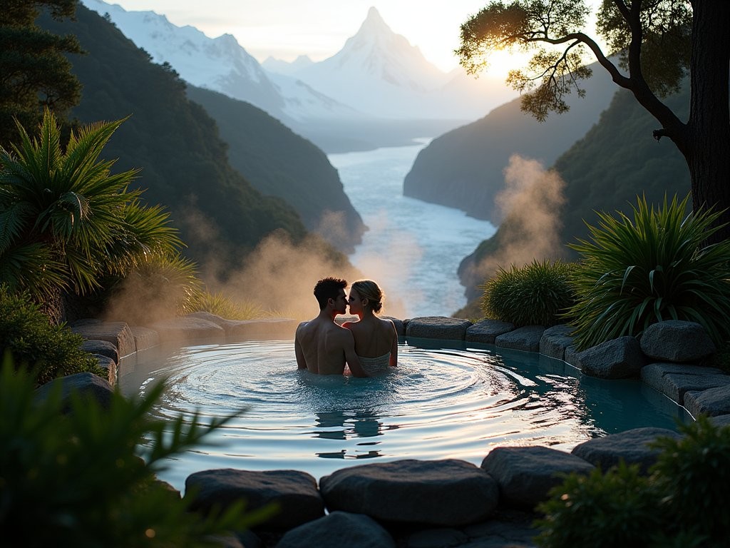 Couple relaxing in private forest hot pool surrounded by native New Zealand ferns