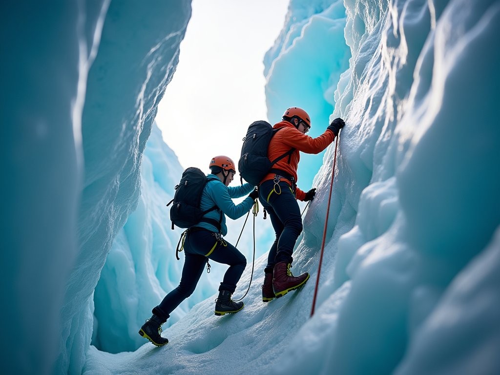 Couple ice climbing a vertical blue ice wall on Franz Josef Glacier
