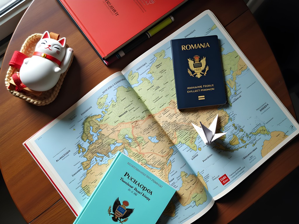 Travel scene showing cultural transition items from Japan to Romania