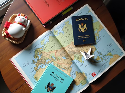 Travel scene showing cultural transition items from Japan to Romania