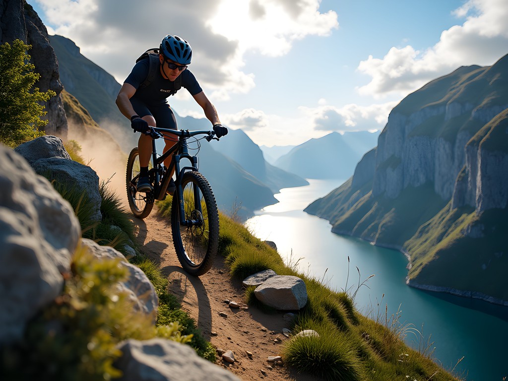 Mountain biker descending technical trail with Geiranger Fjord vista below