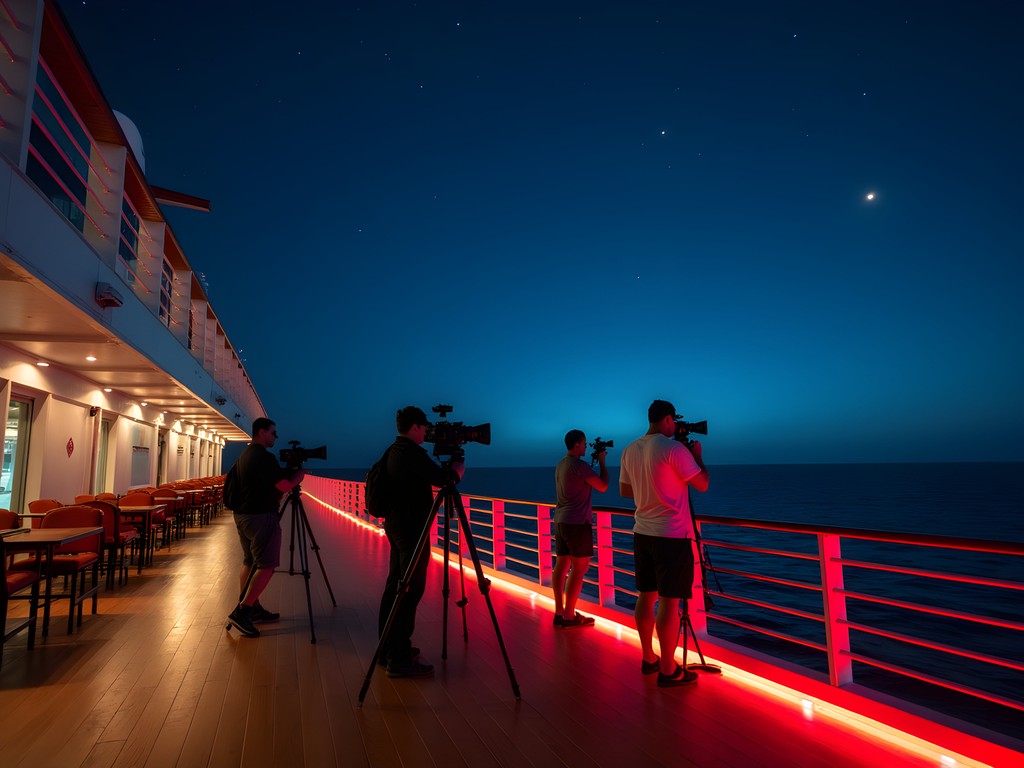 Night sky photography session on cruise ship deck crossing the Atlantic