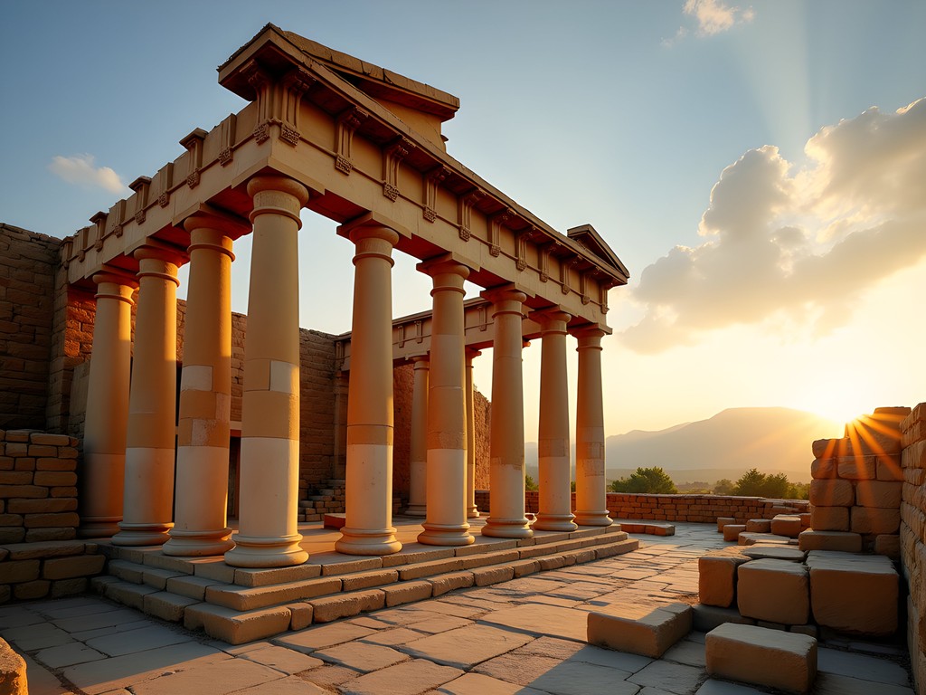 Temple of Bacchus in Baalbek, Lebanon at sunrise with golden light illuminating ancient columns