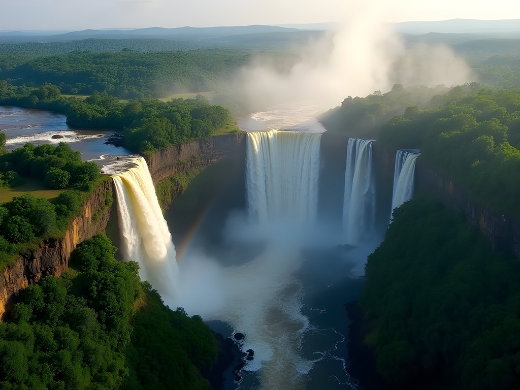 Aerial view of Kaieteur Falls in Guyana with rainbow forming in the mist