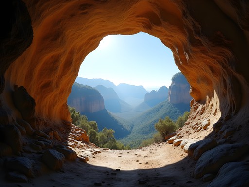 Natural light streaming through Hollow Mountain's cave opening with views of northern Grampians