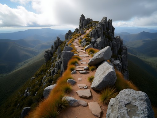 Hiker traversing the rocky ridgeline on Mount Rosea with expansive Grampians views