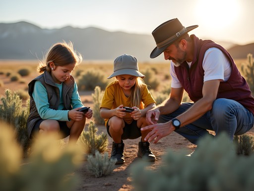 Family exploring high desert ecosystem near Green River Wyoming with educational guides