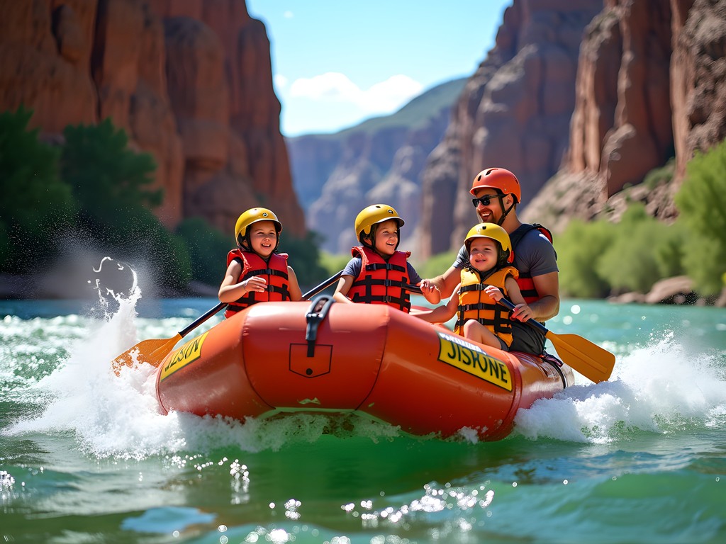 Family rafting adventure through red canyon walls on Green River Wyoming