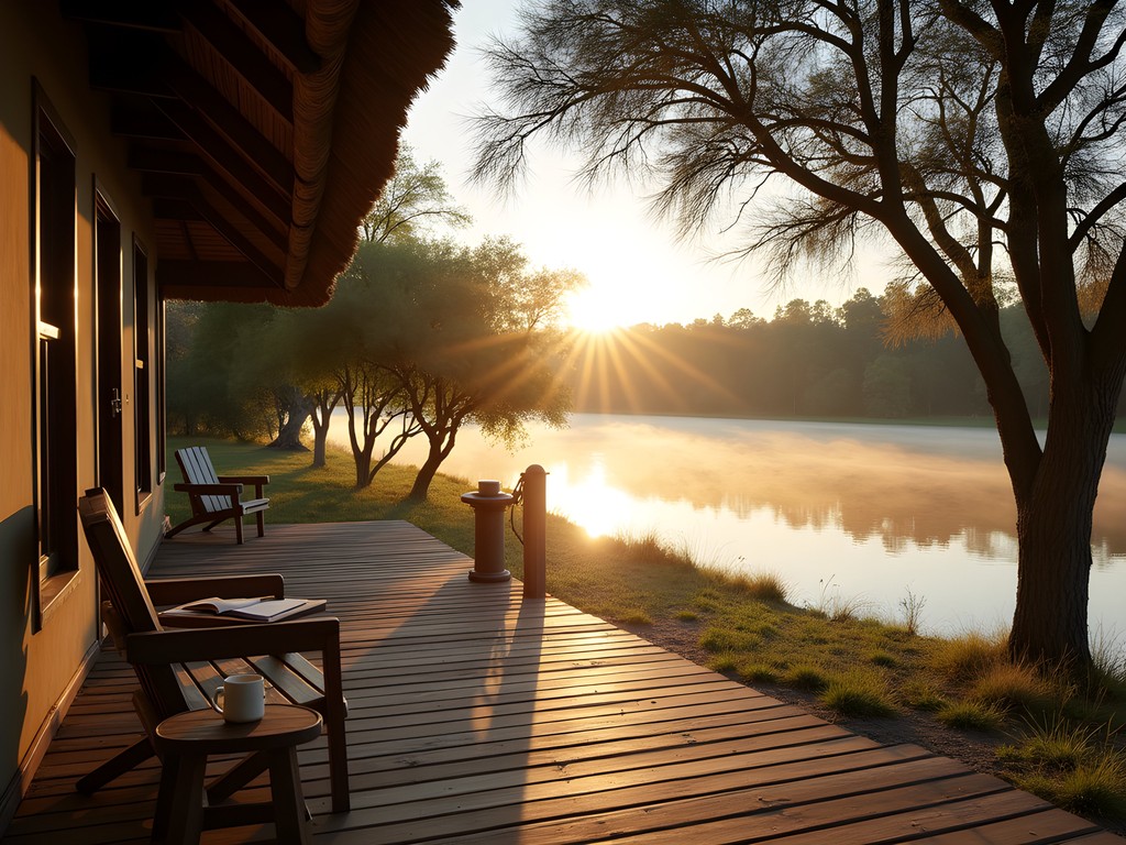 Sunrise view from a riverside lodge at Antelope Park, Gweru with acacia trees silhouetted against golden morning light