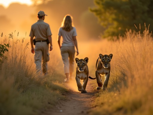 Lion conservation walk at sunrise in Gweru with conservationists and young lions in tall golden grass