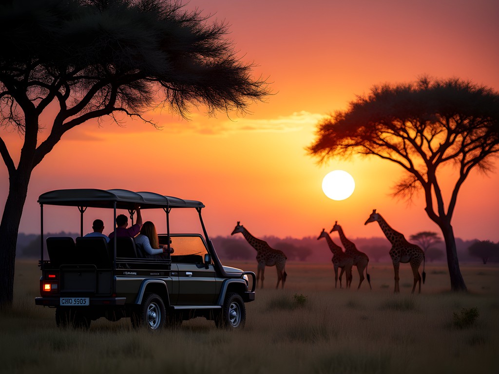Sunset game drive in Gweru with silhouetted acacia trees and giraffe family against orange sky
