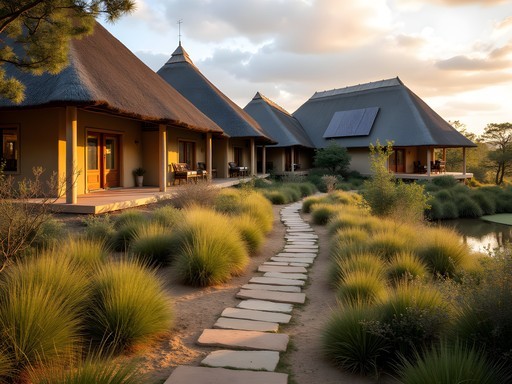 Eco-friendly safari lodge in Gweru with solar panels and sustainable design integrated with natural surroundings