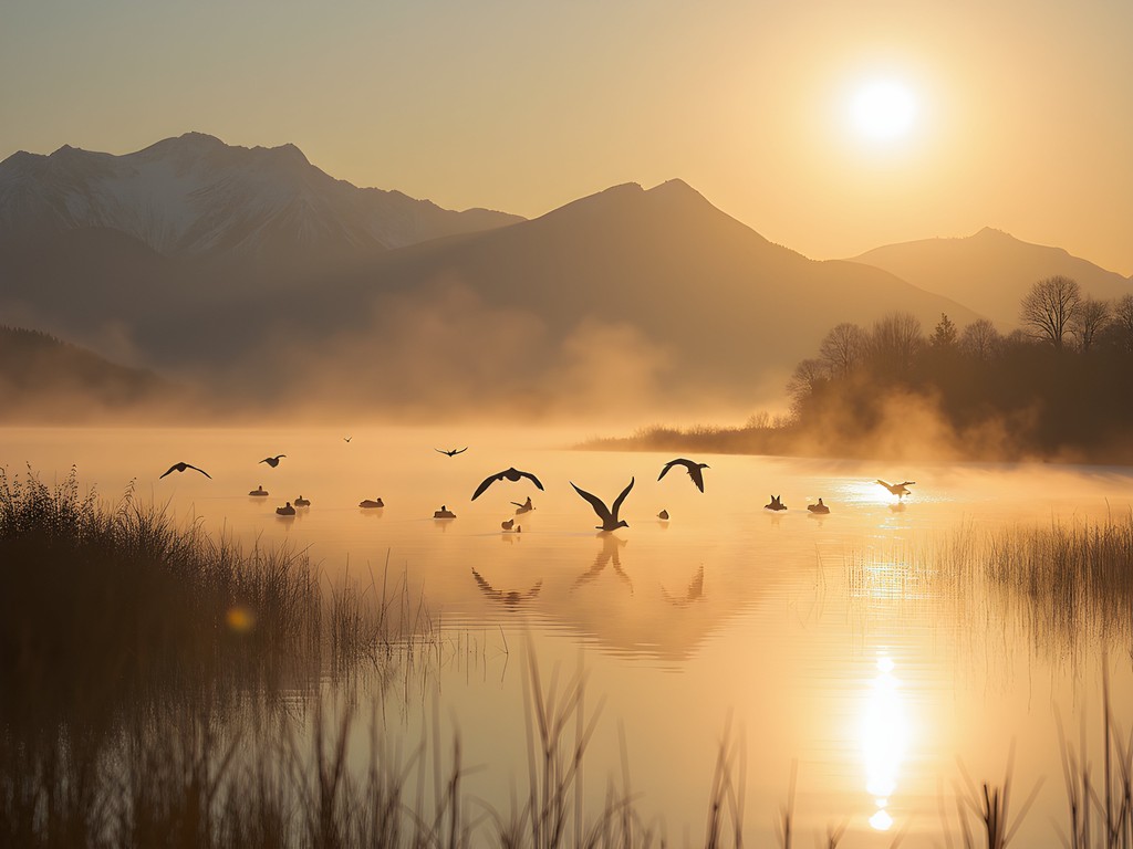 Sunrise over Bowdoin Wildlife Refuge wetlands with birds in flight