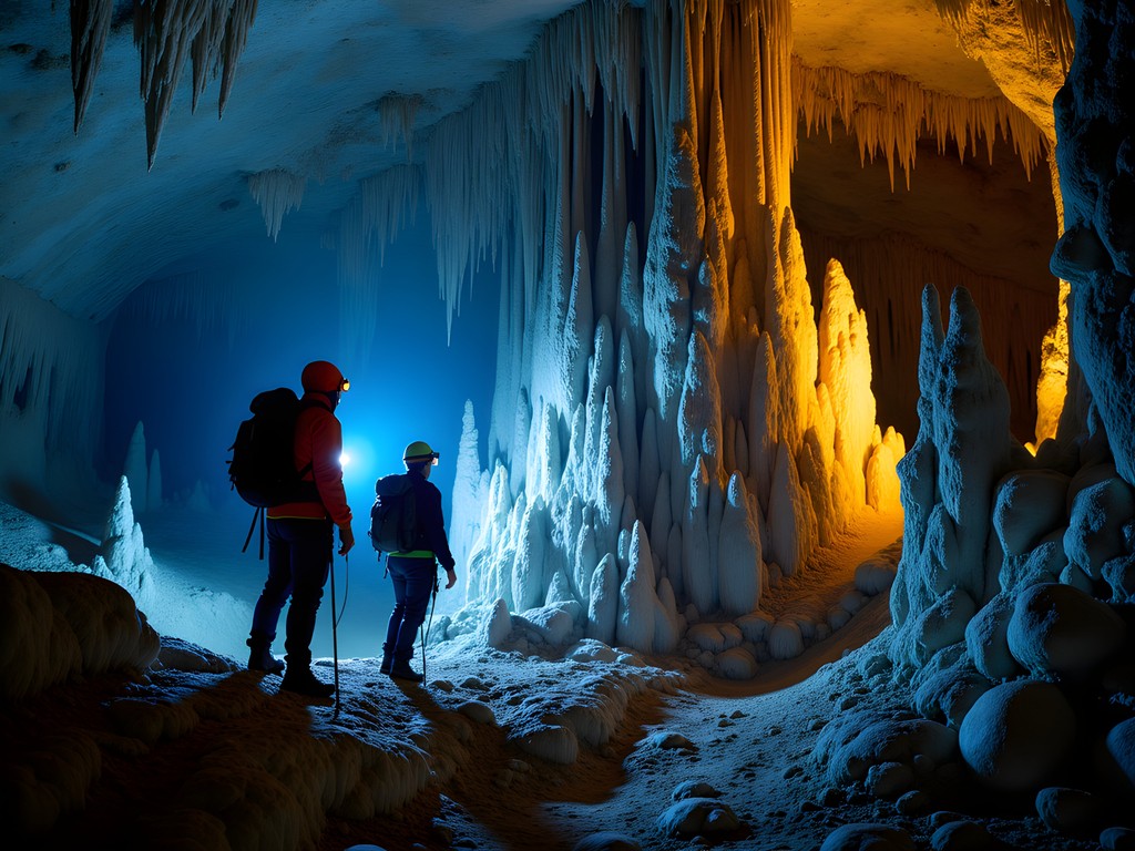 Illuminated limestone formations in Havre's underground cave system