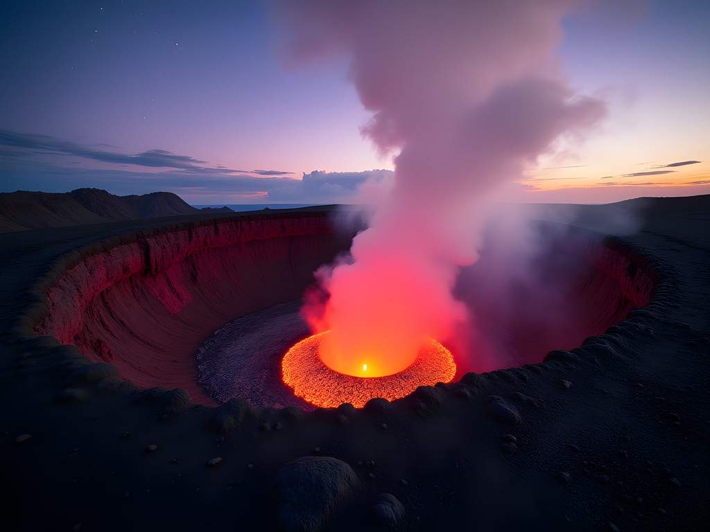 Kilauea crater glowing orange at sunset with steam rising against purple sky