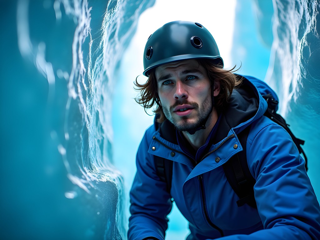 Man exploring a blue ice cave beneath Vatnajökull glacier in Iceland