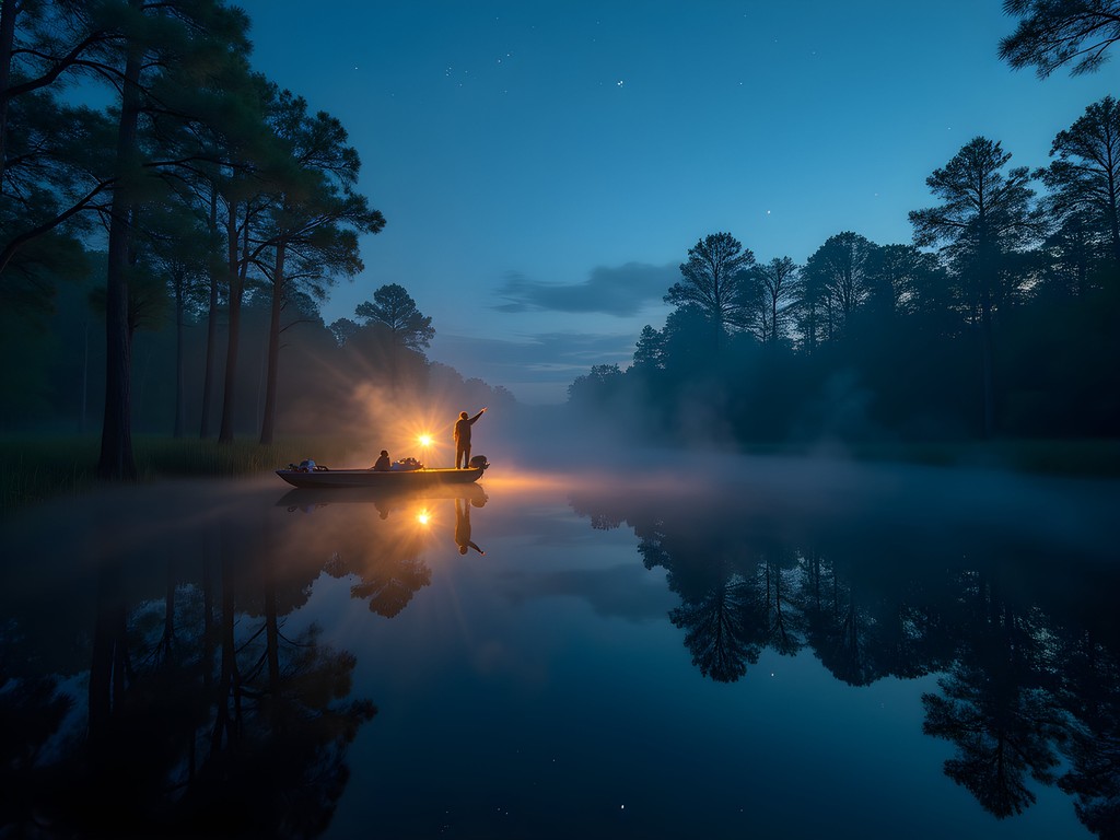 Airboat guide pointing out constellations reflected in still bayou waters at dawn