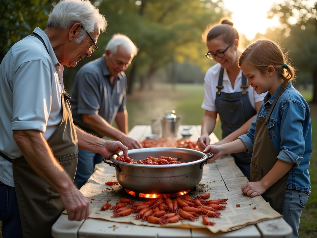 Multi-generational Cajun family demonstrating traditional crawfish boil techniques