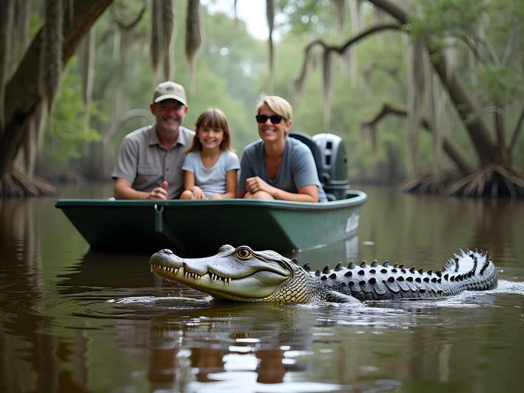 Family safely observing juvenile alligators from airboat in Houma bayou