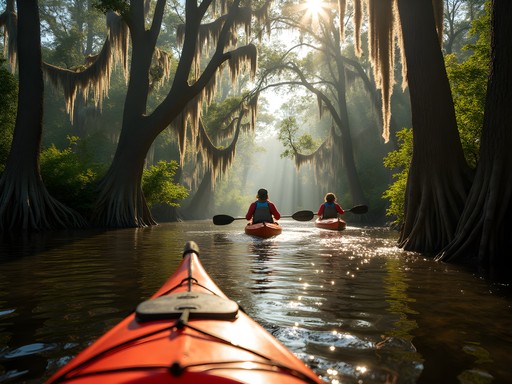Kayakers navigating narrow cypress-lined channels in Houma bayou