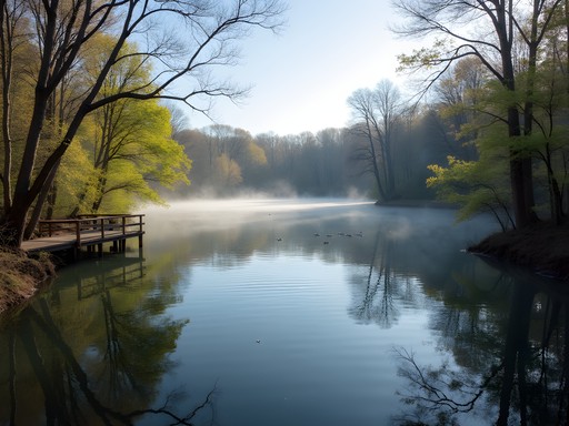 Serene lake view at George Owens Nature Park with morning mist