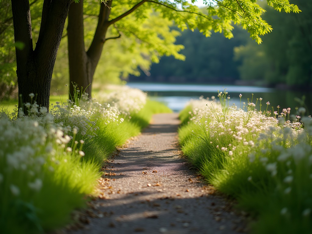 Little Blue Trace Trail along the river in spring with wildflowers