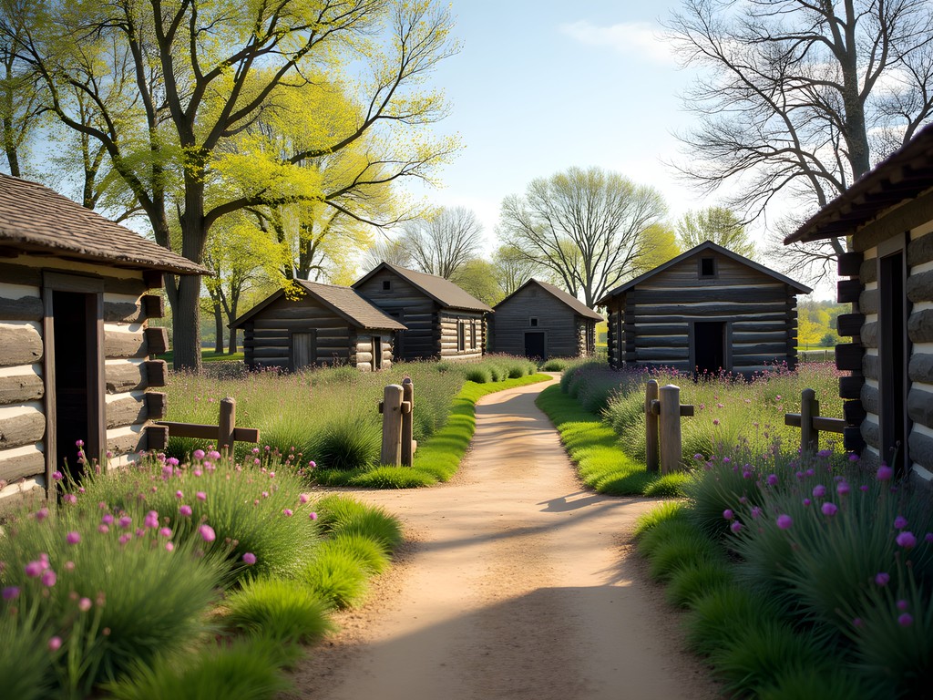 Historic buildings of Missouri Town 1855 with spring blooms and heritage gardens