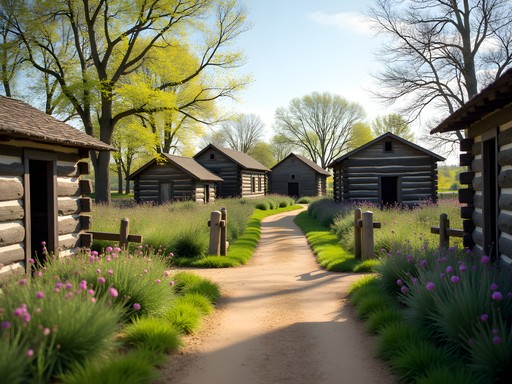 Historic buildings of Missouri Town 1855 with spring blooms and heritage gardens