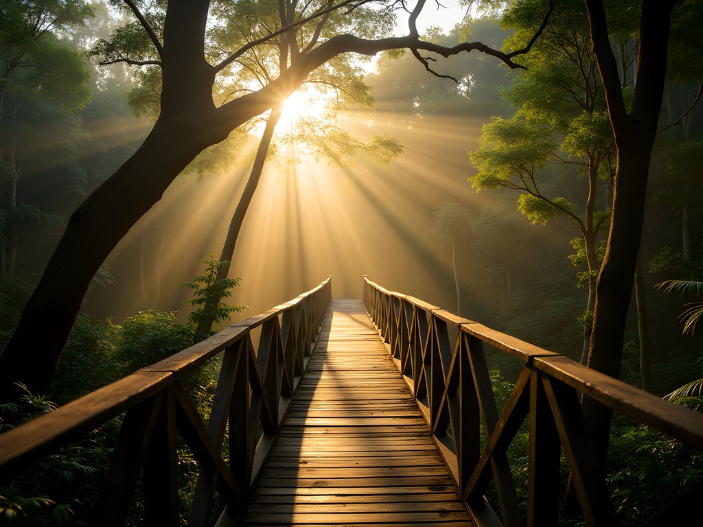 Elevated walkway through Amazon rainforest canopy with early morning mist