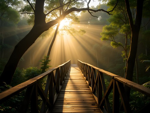Elevated walkway through Amazon rainforest canopy with early morning mist