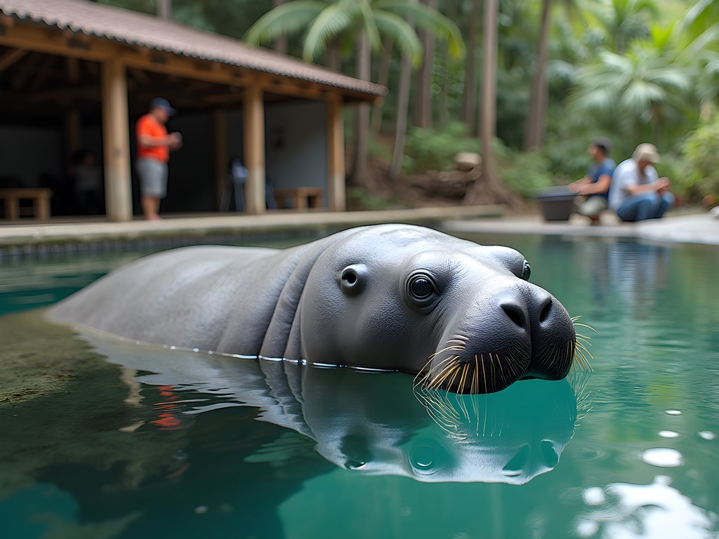Rehabilitating Amazonian manatee at rescue center with caretaker