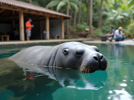 Rehabilitating Amazonian manatee at rescue center with caretaker